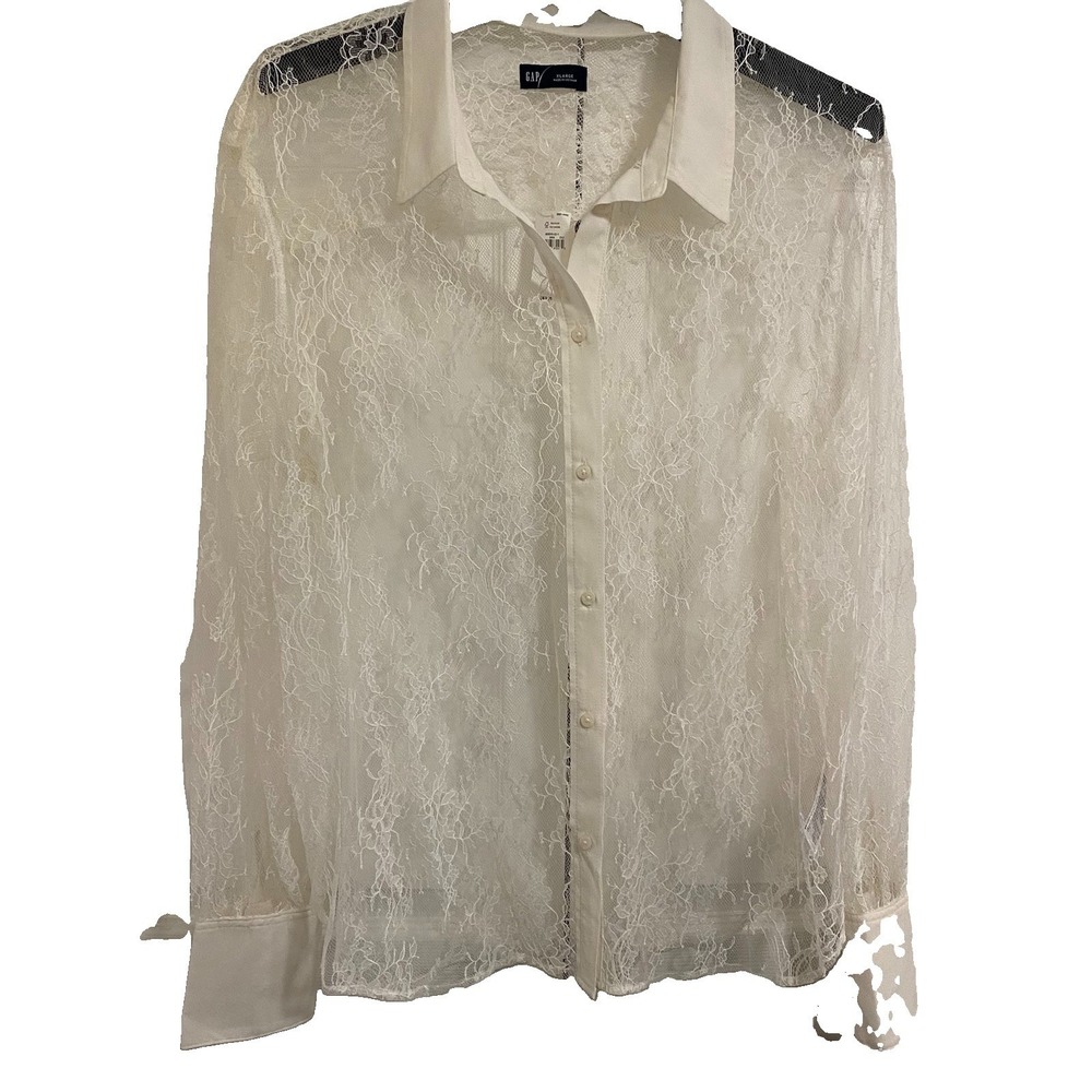 NWT GAP Classic Sheer Lace Shirt Cream Mesh Floral Gothic Romantic XL - Picture 2 of 8